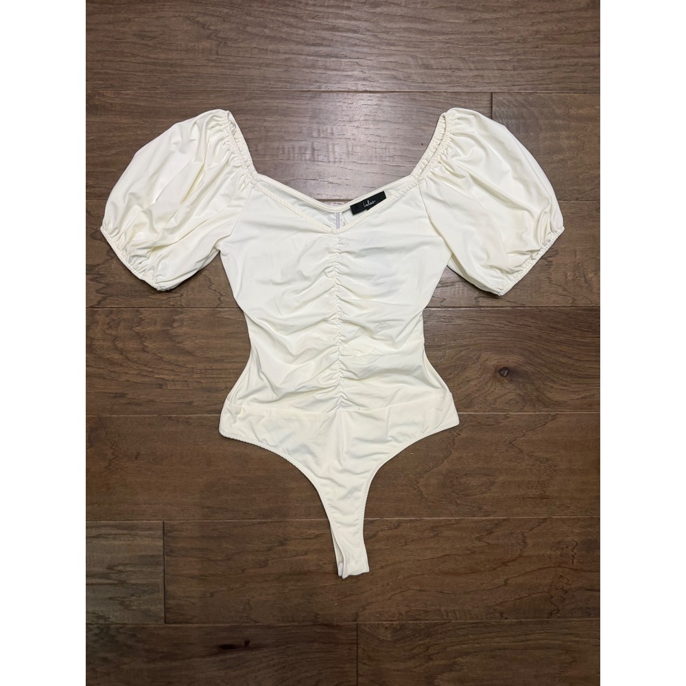 Lulus Bodysuit Womens Medium Cream Nylon Solid Slim Ruched Puff Sleeve Romantic